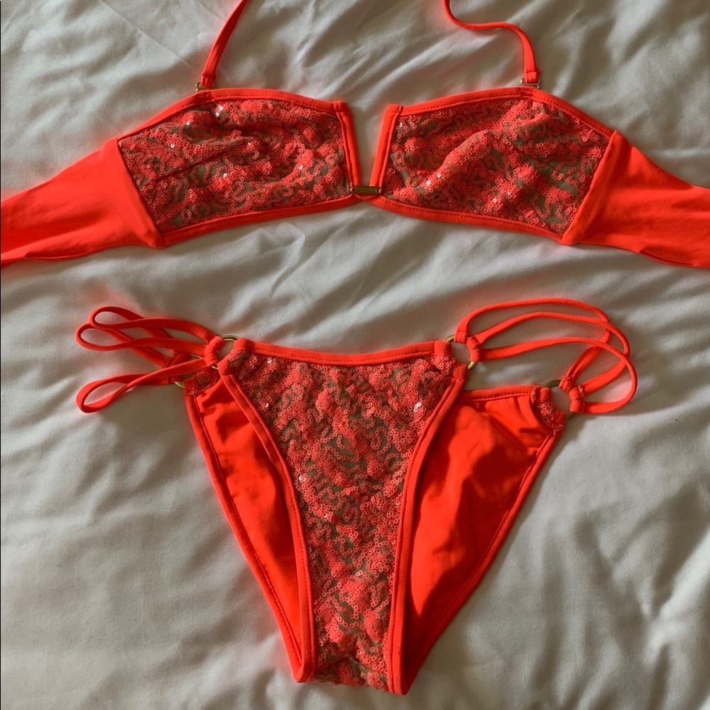 Beach Bunny Sequin Hot Pink Bikini Top Bottom Set